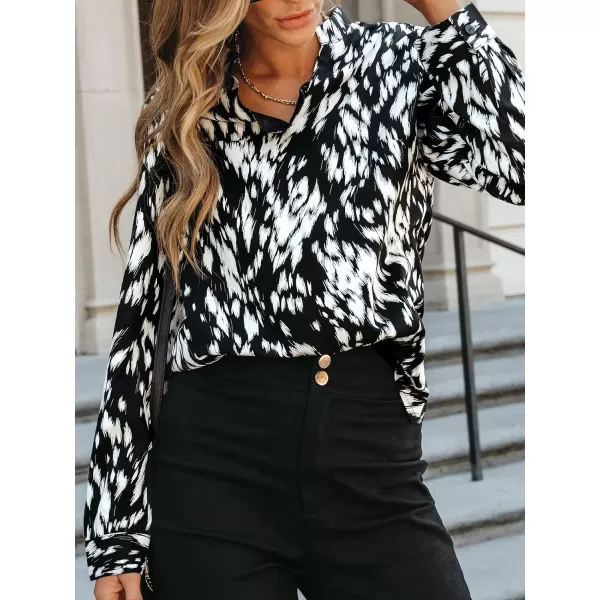imageCUPSHE Women Blouses Abstract Print Split Neck Tops Long Sleeves ShirtsBlack