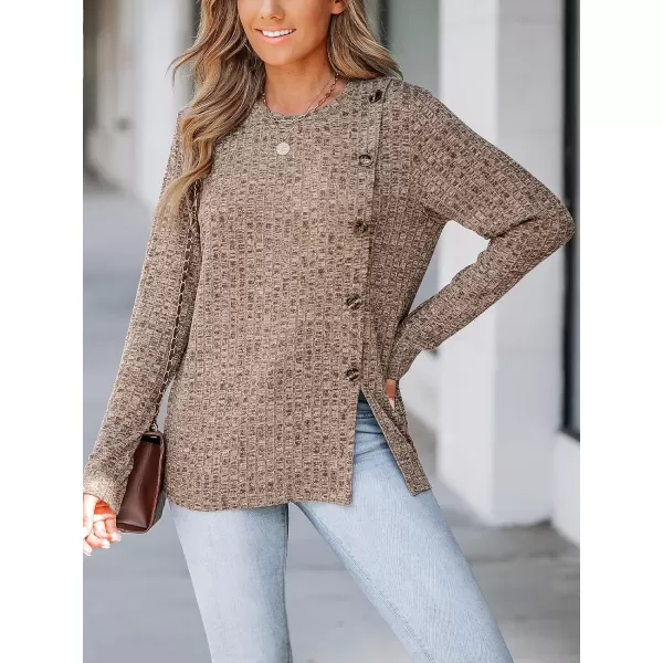 imageCUPSHE Women Blouses ButtonFront Pleated Round Neck Tee Long Sleeve Shirt CasualBrown