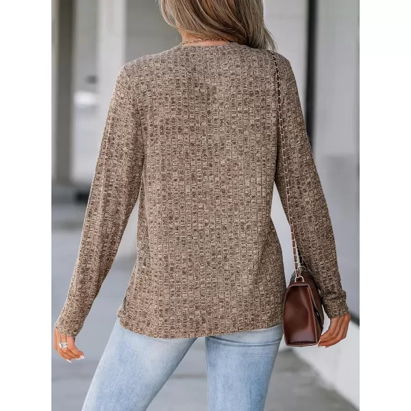 imageCUPSHE Women Blouses ButtonFront Pleated Round Neck Tee Long Sleeve Shirt CasualBrown