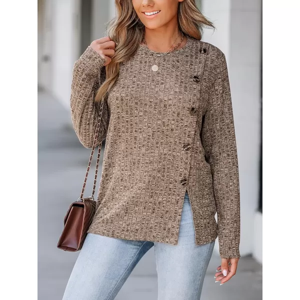 imageCUPSHE Women Blouses ButtonFront Pleated Round Neck Tee Long Sleeve Shirt CasualBrown