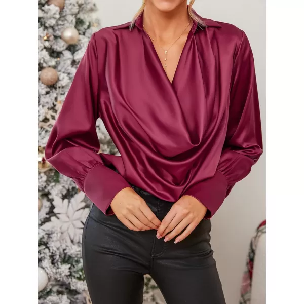 imageCUPSHE Women Blouses Collar Ruching Top Long Sleeve V Neck Shirt Casual DressyWine