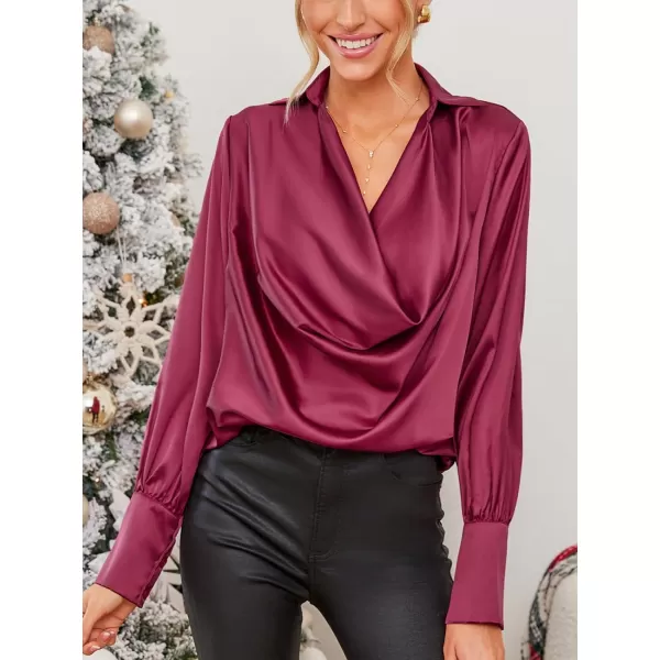 imageCUPSHE Women Blouses Collar Ruching Top Long Sleeve V Neck Shirt Casual DressyWine