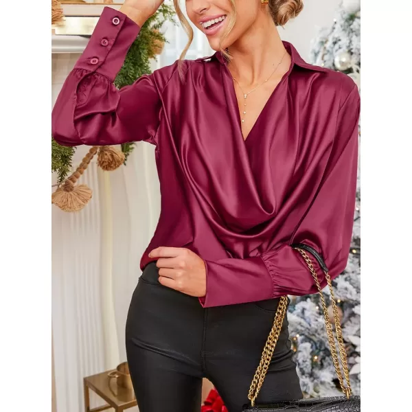 imageCUPSHE Women Blouses Collar Ruching Top Long Sleeve V Neck Shirt Casual DressyWine
