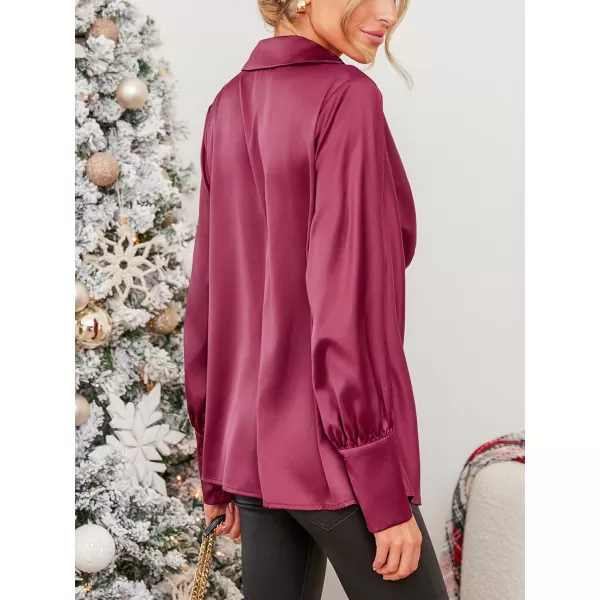 imageCUPSHE Women Blouses Collar Ruching Top Long Sleeve V Neck Shirt Casual DressyWine