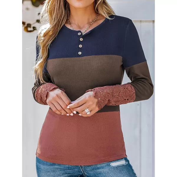 imageCUPSHE Women Blouses Colorblock Lace Henley Tee Button Front Long Sleeves ShirtsBrown