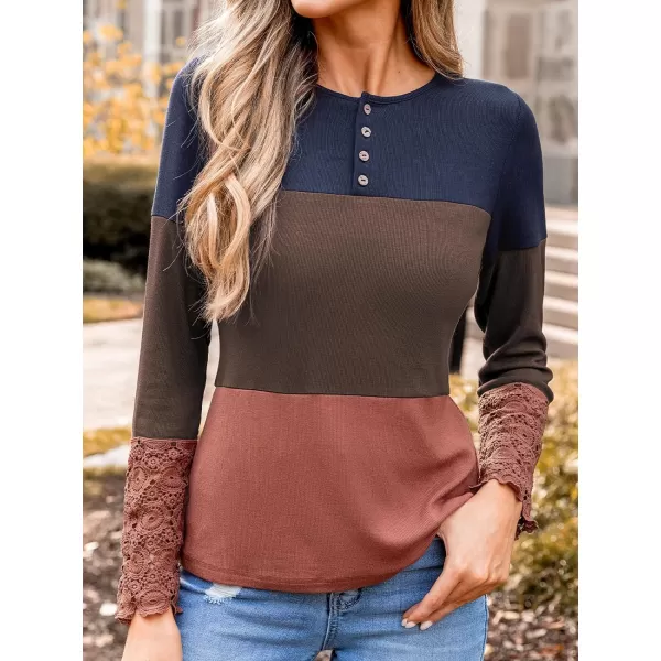 imageCUPSHE Women Blouses Colorblock Lace Henley Tee Button Front Long Sleeves ShirtsBrown