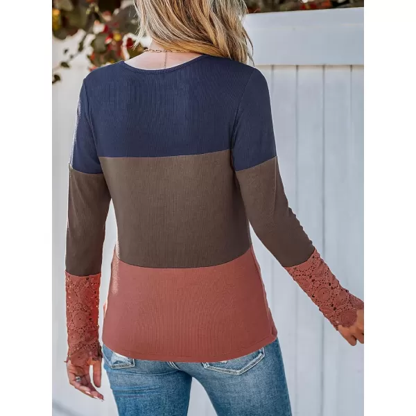 imageCUPSHE Women Blouses Colorblock Lace Henley Tee Button Front Long Sleeves ShirtsBrown