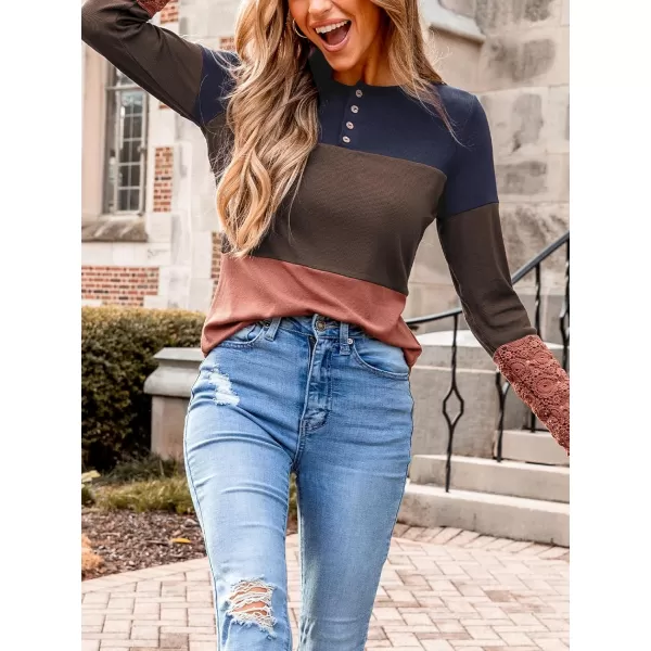 imageCUPSHE Women Blouses Colorblock Lace Henley Tee Button Front Long Sleeves ShirtsBrown