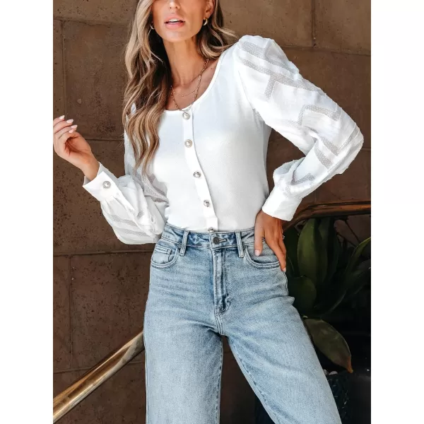 imageCUPSHE Women Blouses Contrast Mesh ButtonFront Puff Sleeve Tops Long Sleeves ShirtsWhite