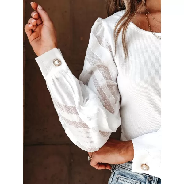 imageCUPSHE Women Blouses Contrast Mesh ButtonFront Puff Sleeve Tops Long Sleeves ShirtsWhite