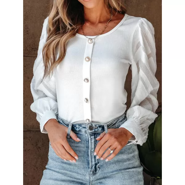 imageCUPSHE Women Blouses Contrast Mesh ButtonFront Puff Sleeve Tops Long Sleeves ShirtsWhite