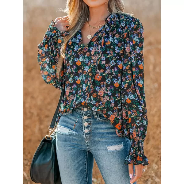 imageCUPSHE Women Blouses Ditsy Floral Print Smocked Top Long Sleeves ShirtsBlack