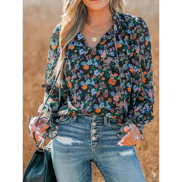 imageCUPSHE Women Blouses Ditsy Floral Print Smocked Top Long Sleeves ShirtsBlack