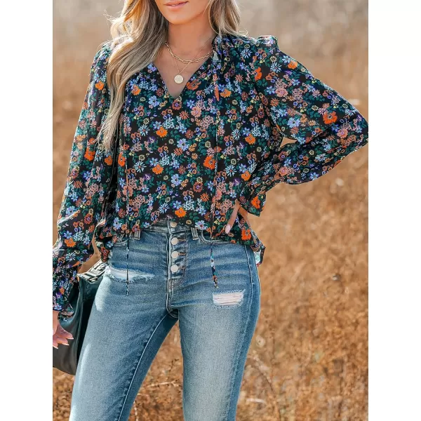 imageCUPSHE Women Blouses Ditsy Floral Print Smocked Top Long Sleeves ShirtsBlack