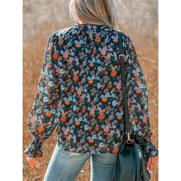 imageCUPSHE Women Blouses Ditsy Floral Print Smocked Top Long Sleeves ShirtsBlack