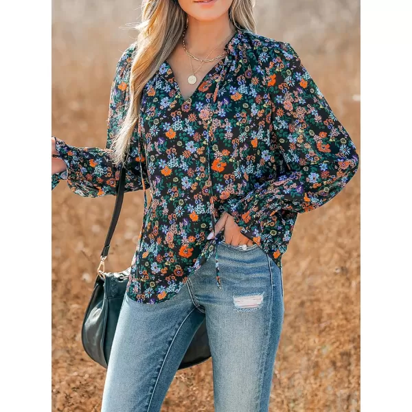 imageCUPSHE Women Blouses Ditsy Floral Print Smocked Top Long Sleeves ShirtsBlack