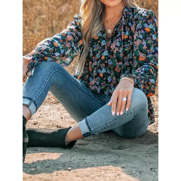 imageCUPSHE Women Blouses Ditsy Floral Print Smocked Top Long Sleeves ShirtsBlack