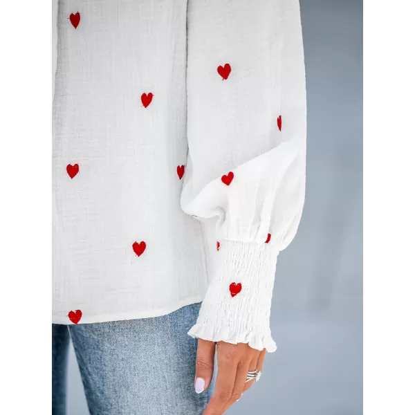 imageCUPSHE Women Blouses Embroidered Heart Gauze Top V Neck Long Sleeves ShirtsWhite