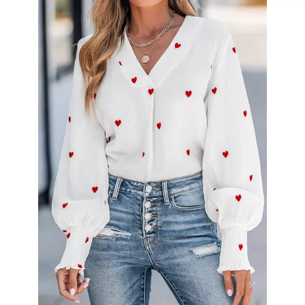 imageCUPSHE Women Blouses Embroidered Heart Gauze Top V Neck Long Sleeves ShirtsWhite
