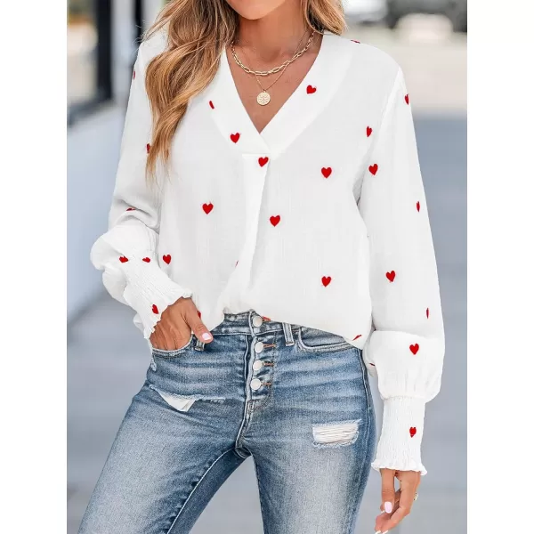 imageCUPSHE Women Blouses Embroidered Heart Gauze Top V Neck Long Sleeves ShirtsWhite