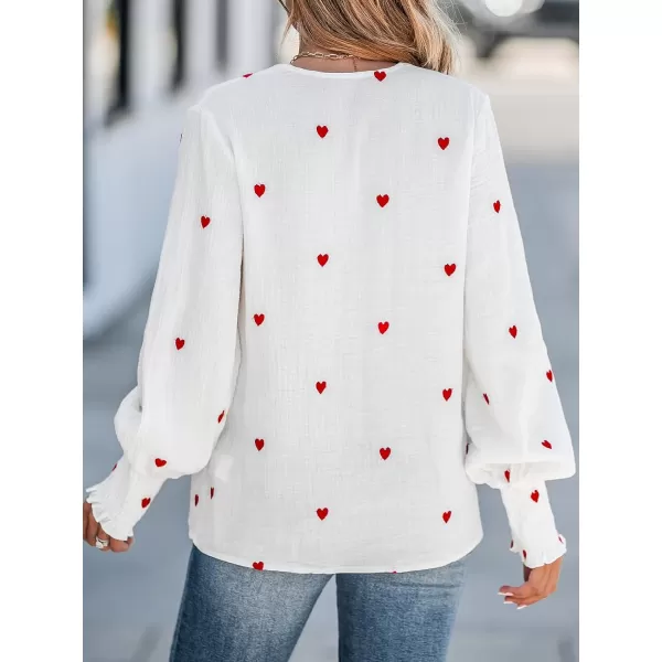 imageCUPSHE Women Blouses Embroidered Heart Gauze Top V Neck Long Sleeves ShirtsWhite
