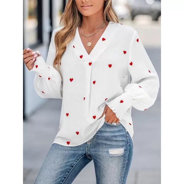 imageCUPSHE Women Blouses Embroidered Heart Gauze Top V Neck Long Sleeves ShirtsWhite