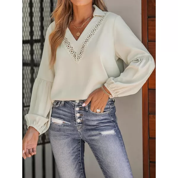 imageCUPSHE Women Blouses Embroidered Lace Tops VNeck Long Sleeves ShirtsBeige