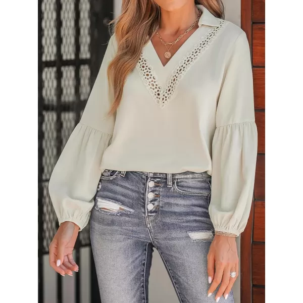imageCUPSHE Women Blouses Embroidered Lace Tops VNeck Long Sleeves ShirtsBeige