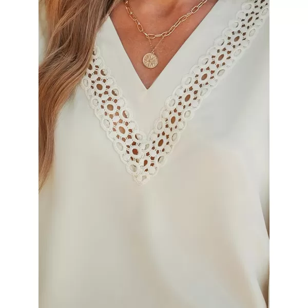 imageCUPSHE Women Blouses Embroidered Lace Tops VNeck Long Sleeves ShirtsBeige