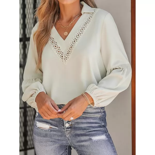 imageCUPSHE Women Blouses Embroidered Lace Tops VNeck Long Sleeves ShirtsBeige