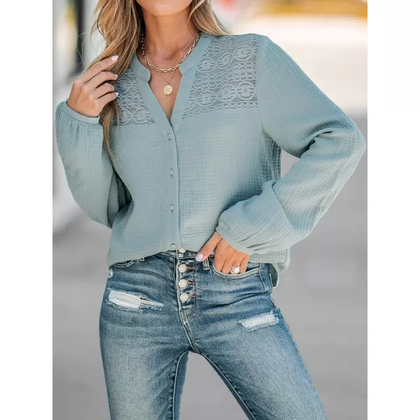 imageCUPSHE Women Blouses Floral Lace Gauze ButtonFront Shirt V Neck Long Sleeves ShirtsBlue