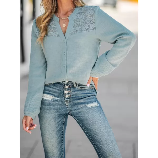 imageCUPSHE Women Blouses Floral Lace Gauze ButtonFront Shirt V Neck Long Sleeves ShirtsBlue