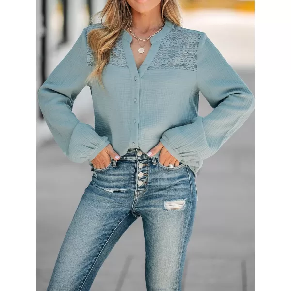 imageCUPSHE Women Blouses Floral Lace Gauze ButtonFront Shirt V Neck Long Sleeves ShirtsBlue