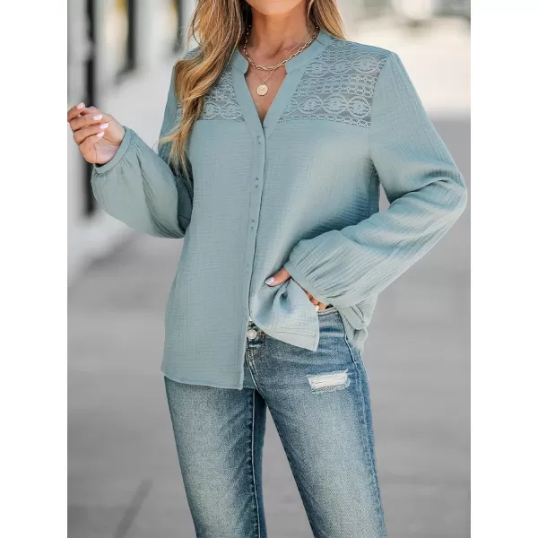 imageCUPSHE Women Blouses Floral Lace Gauze ButtonFront Shirt V Neck Long Sleeves ShirtsBlue