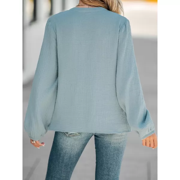 imageCUPSHE Women Blouses Floral Lace Gauze ButtonFront Shirt V Neck Long Sleeves ShirtsBlue