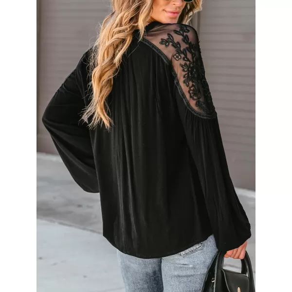 imageCUPSHE Women Blouses Floral Lace Mesh Split Neck Top V Neck Long Sleeves Sexy Casual ShirtsBlack