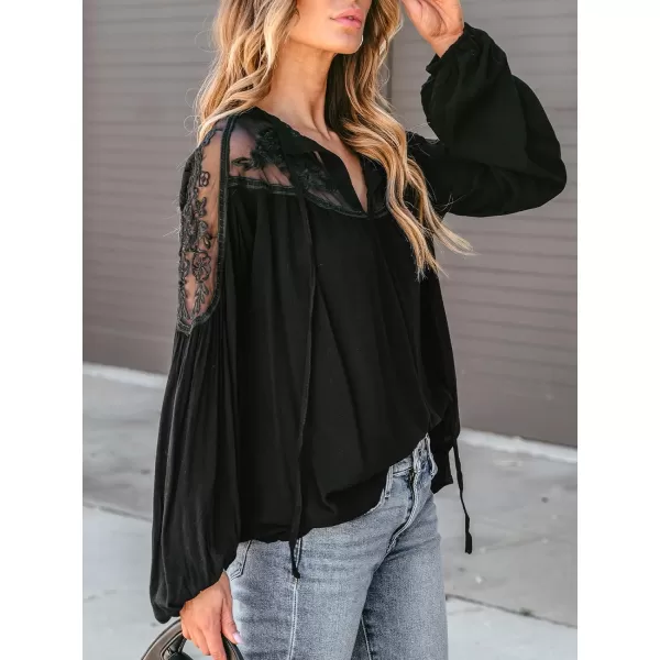 imageCUPSHE Women Blouses Floral Lace Mesh Split Neck Top V Neck Long Sleeves Sexy Casual ShirtsBlack
