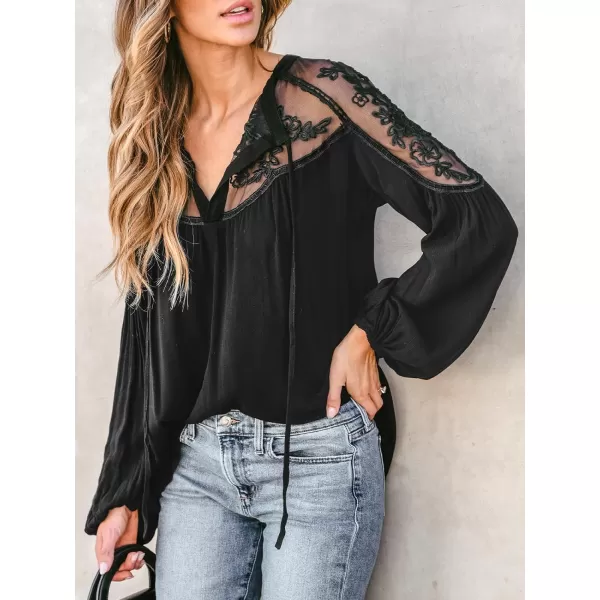 imageCUPSHE Women Blouses Floral Lace Mesh Split Neck Top V Neck Long Sleeves Sexy Casual ShirtsBlack