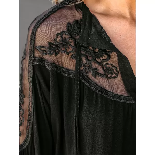 imageCUPSHE Women Blouses Floral Lace Mesh Split Neck Top V Neck Long Sleeves Sexy Casual ShirtsBlack