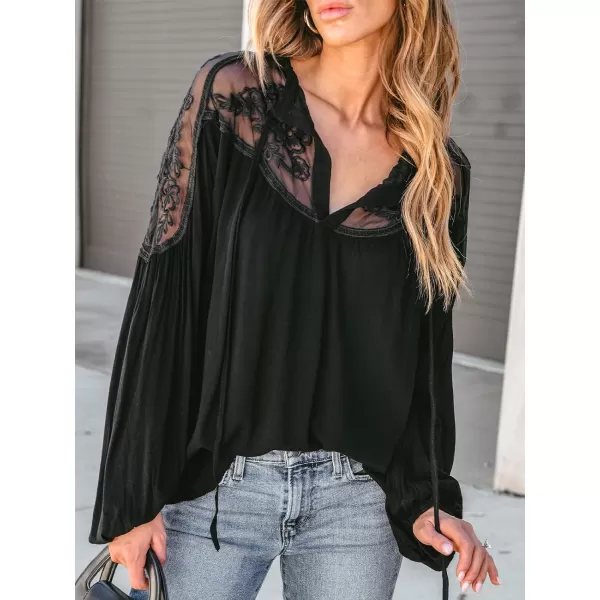 imageCUPSHE Women Blouses Floral Lace Mesh Split Neck Top V Neck Long Sleeves Sexy Casual ShirtsBlack