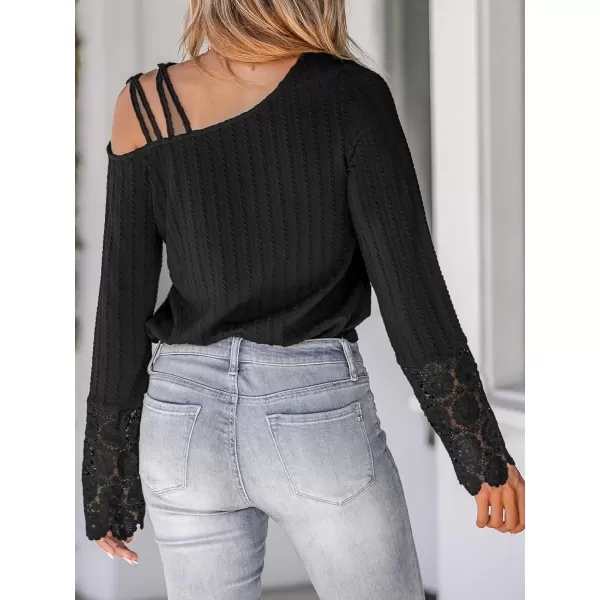 imageCUPSHE Women Blouses Floral Lace OneShoulder Tee Long Sleeves V Neck TopsBlack