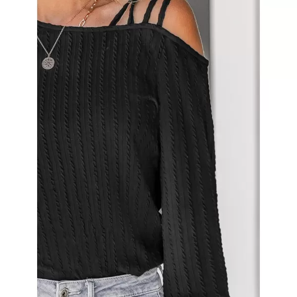 imageCUPSHE Women Blouses Floral Lace OneShoulder Tee Long Sleeves V Neck TopsBlack