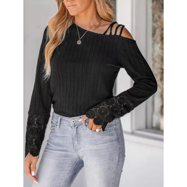 imageCUPSHE Women Blouses Floral Lace OneShoulder Tee Long Sleeves V Neck TopsBlack