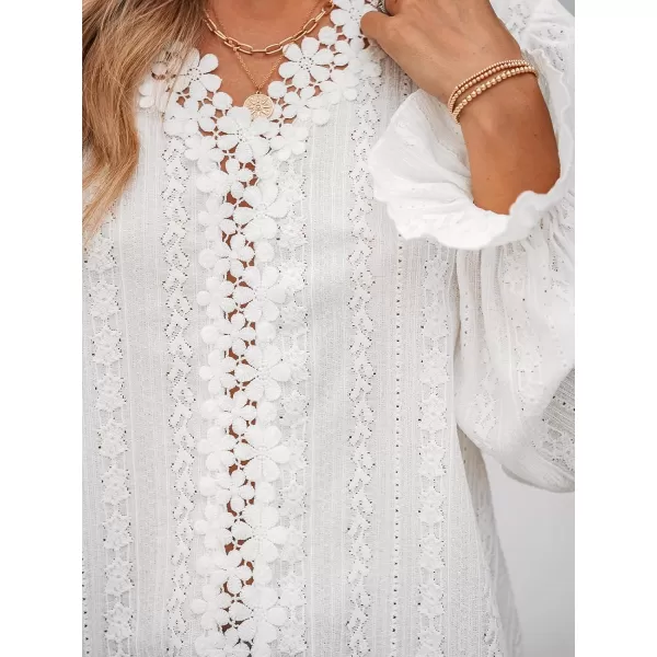 imageCUPSHE Women Blouses Floral Lace Trumpet Sleeve Tops Long Sleeves V Neck ShirtsWhite