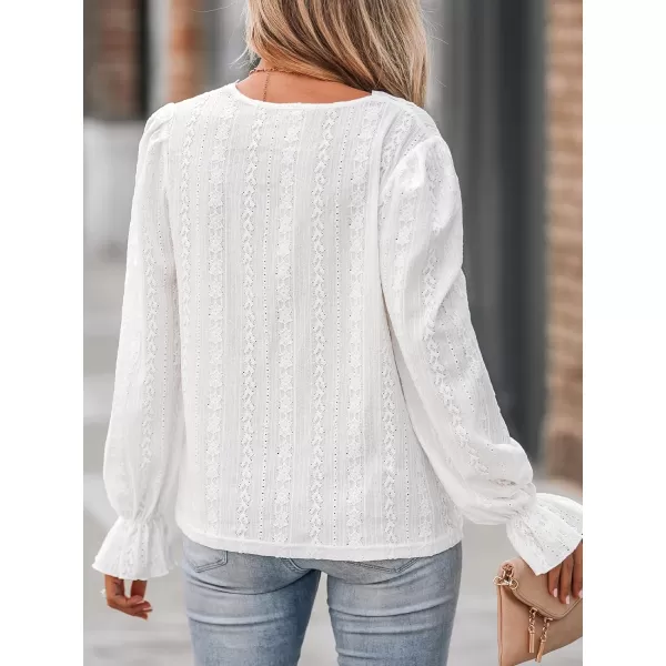 imageCUPSHE Women Blouses Floral Lace Trumpet Sleeve Tops Long Sleeves V Neck ShirtsWhite