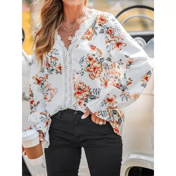 imageCUPSHE Women Blouses Floral Print Lace Trumpet Sleeve Top V Neck Long Sleeves ShirtsWhite