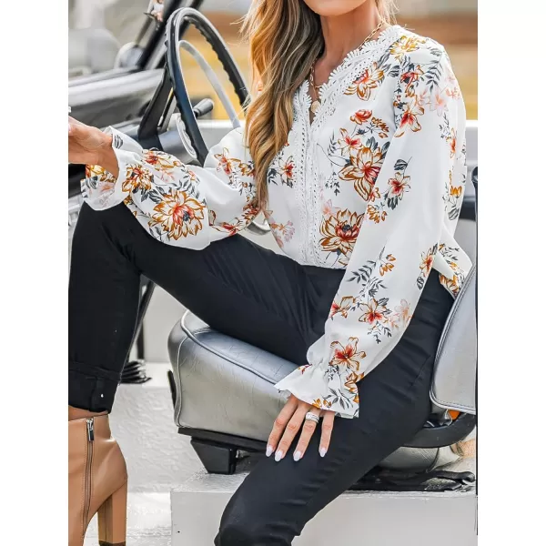 imageCUPSHE Women Blouses Floral Print Lace Trumpet Sleeve Top V Neck Long Sleeves ShirtsWhite