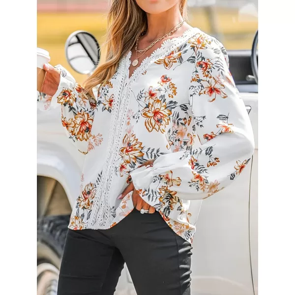 imageCUPSHE Women Blouses Floral Print Lace Trumpet Sleeve Top V Neck Long Sleeves ShirtsWhite