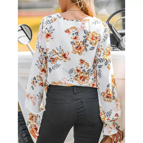 imageCUPSHE Women Blouses Floral Print Lace Trumpet Sleeve Top V Neck Long Sleeves ShirtsWhite