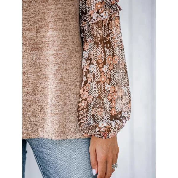 imageCUPSHE Women Blouses Floral Print Marled Knit Top Crew Neck Long Sleeves ShirtsBrown